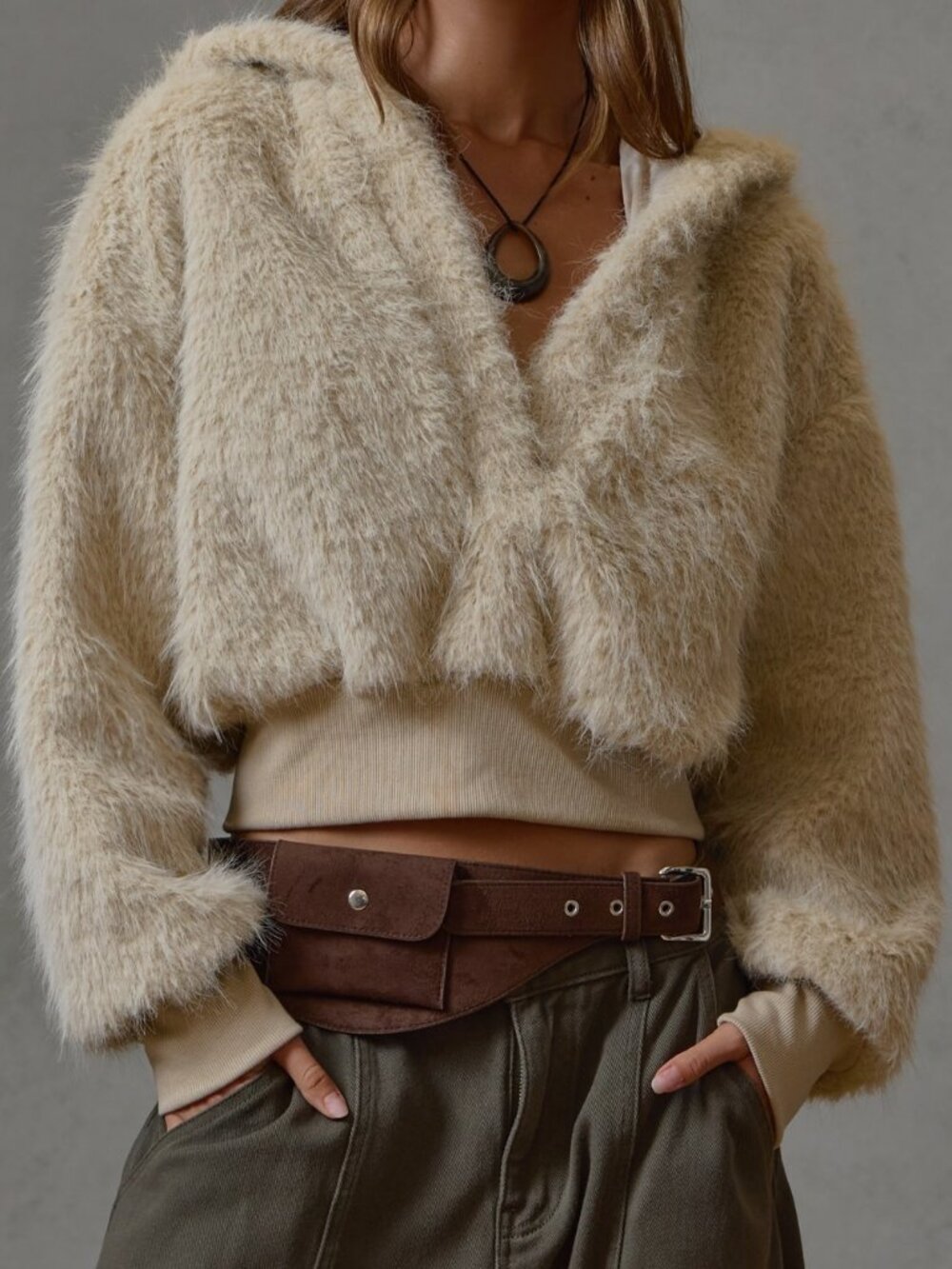 Apricot Casual Women's Fuzzy Drop Shoulder Oversized Hoodie
